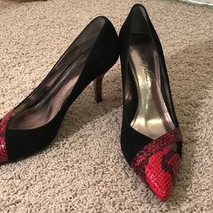 Black suede and Red allegator pumps